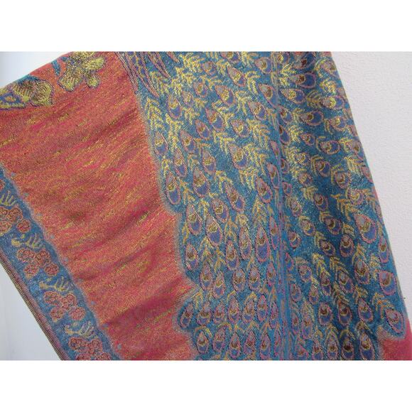 100% Pashmina Shawl Blue Red Orange Metallic Peacocks Fringe Florals Boho  Wool - Picture 8 of 8